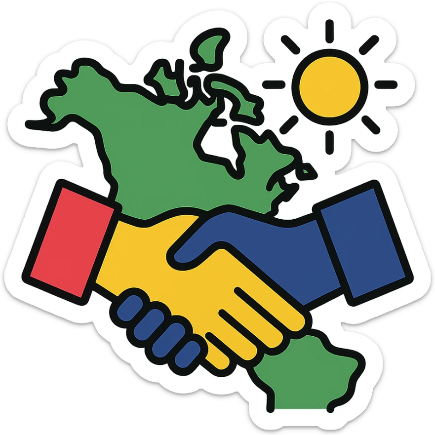 business handshake over a map of North America with sun in the background, symbolizing collaborative summer internship at Ipsos sticker