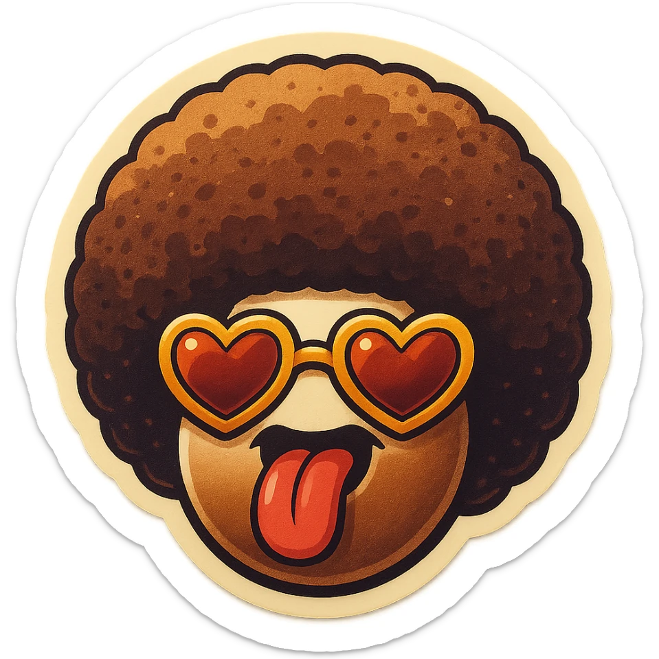 White circle coffee bean face, afro, heart glasses, big heart eyes, tounge rolled out sticker
