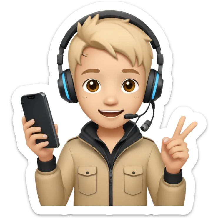 Cute cartoon character with gaming headset holding a mobile phone playing Free Fire, with excited eyes and happy expression sticker