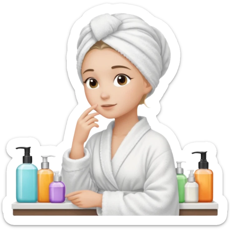 girls side profile  in robe and her hair in a towel with skin care on  sticker