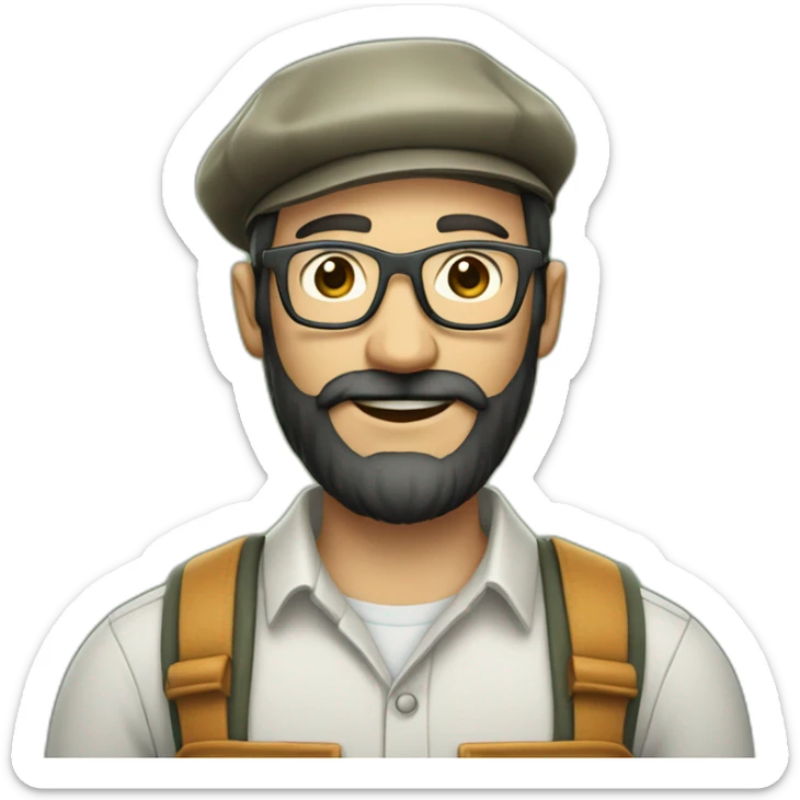 full body of an happy gardener face long dark beard and short dark hair with little transparent glasses and a beret sticker