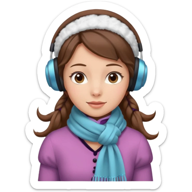 Victorian ice skater in a long dress. She is wearimg a scarf and earmuffs. She has boriwn hair. sticker