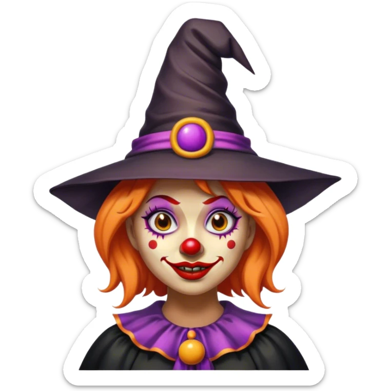a woman travels in another country by wearing a witch hat and clown face sticker