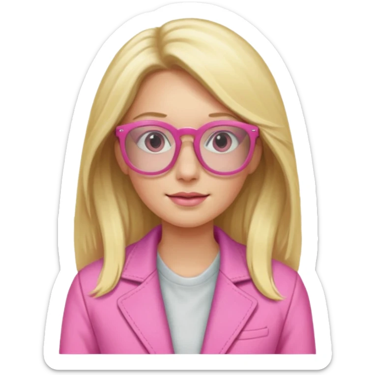 Portrait of Blond woman with long hair, wearing pink jacket and pink glasses sticker