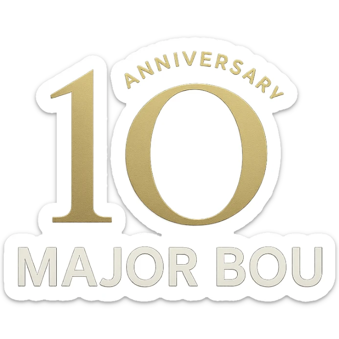Elegant 10th anniversary logo for Major Bou with gold accents and a modern sans-serif font sticker