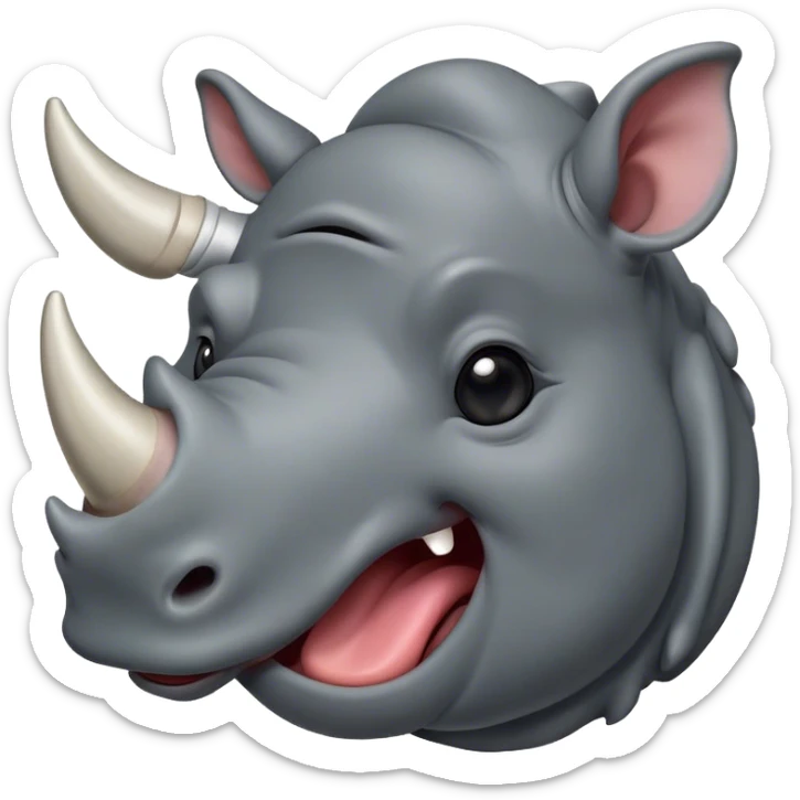 Cinematic Cute Yawning Rhinoceros Portrait Emoji, Head tilted slightly with a dramatic, wide-open yawn, showcasing a soft, textured slate-gray hide with a slightly drooping horn and eyes barely open in drowsy contentment, Simplified yet irresistibly adorable features, highly detailed, glowing with a soft, cozy glow, high shine, relaxed yet expressive, stylized with a touch of rugged whimsy, bright and endearing, soft glowing outline, capturing the essence of a sleepy yet affectionate rhinoceros, so drowsy it feels like it could stretch out of the screen and curl up for a nap! sticker