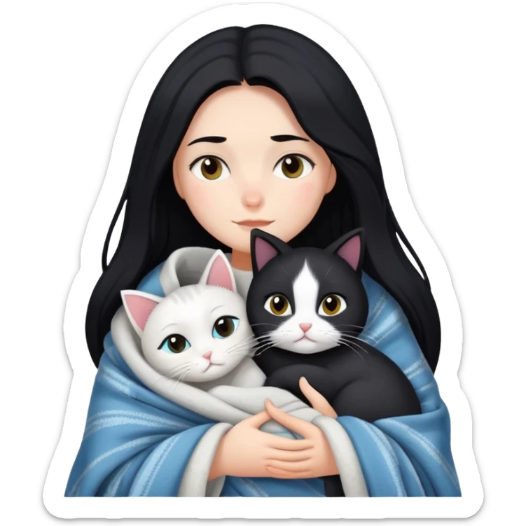 A fair-skinned girl with long black hair wrapped in a blanket hugging a black and white cat sticker