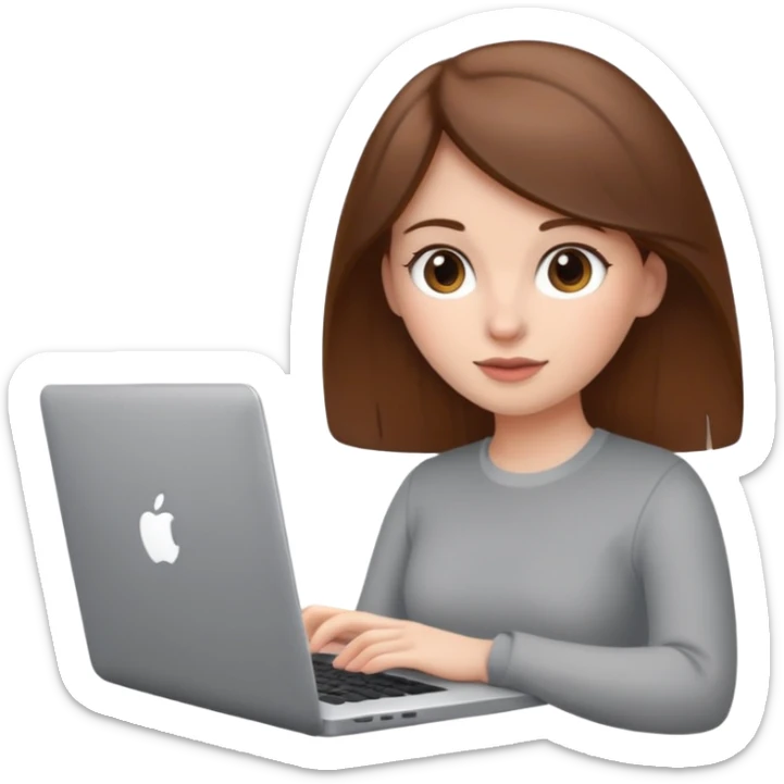 memoji of a brown hair white skin female with a grey laptop in front, apple-style, modern sticker