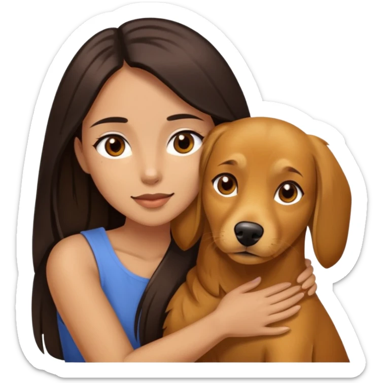 beautiful woman with dark long straight hair and brown eyes hugs a golden brown dog sticker