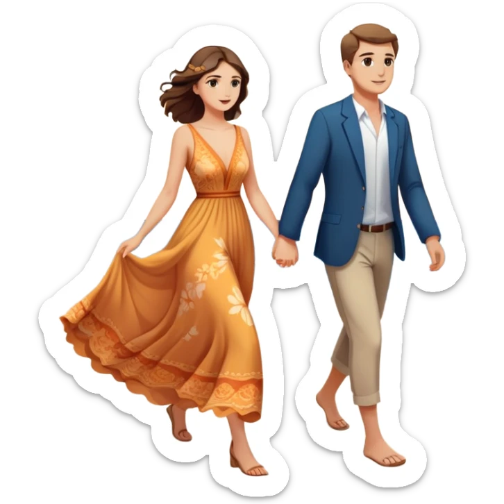 Elegant girl with a beautiful flowy dress and man walking on the beach together in Montenegro sunset holding hands  sticker