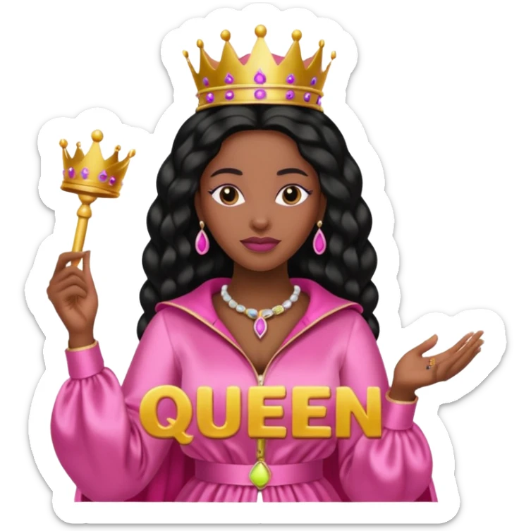 Crear una reina morena clara con ropa rosa sosteniendo la palabra Queen en sus manos sticker