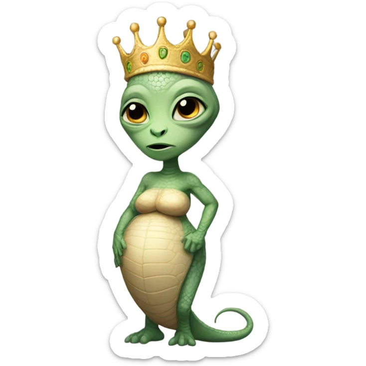 Pregnant reptilian alien woman, full body, have a crown sticker
