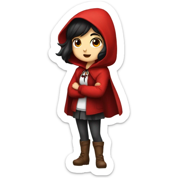 Little Red Riding Hood looks straight with black hair full body pose non-chibi sticker