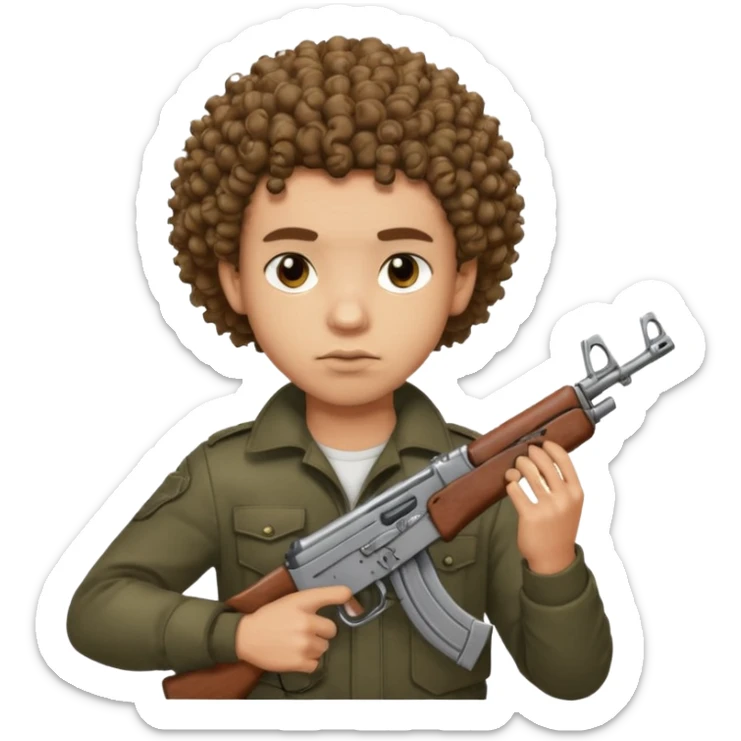 AK47 in hand, light skin male with curly hair and a fade sticker
