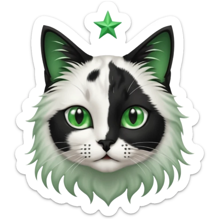 black and white long hair cat. green eyes. black nose. black splotch in the shape of a star near nose (on the right side). white chest. sticker