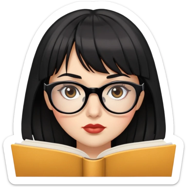 A woman with bangs and black hair , big brown eyes and full lips , glasses on , big lashes , reading  sticker