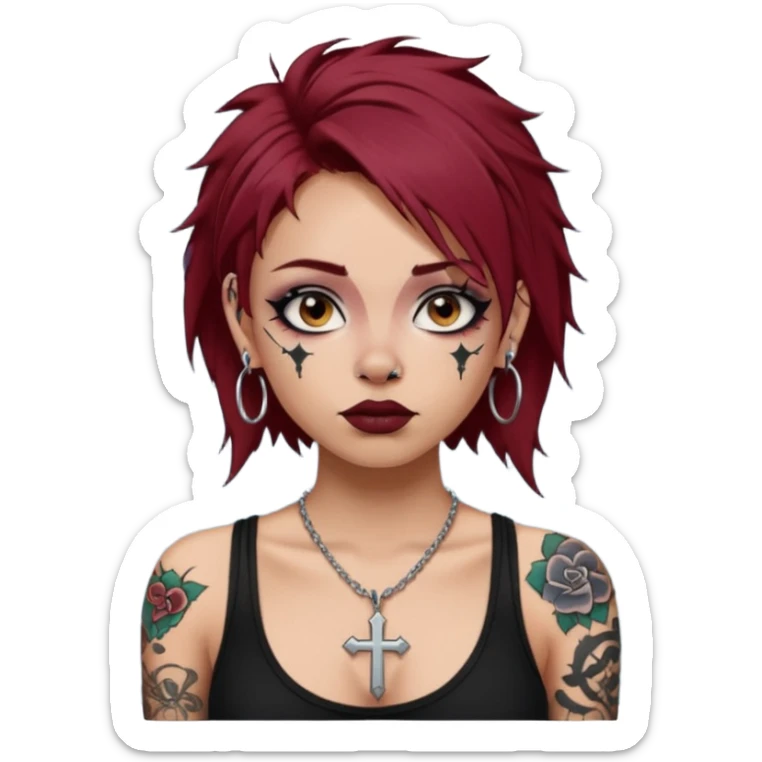 generate an ios genmoji of a girl with dark red messy hair with eyeliner on. septum piercing, wearing a cami black top, has tattoos, on shoulders. ear piercings. wearing a cross silver necklace sticker