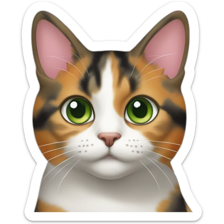 young striped calico cat face with a pink nose, white chin, green eyes, and orange/brown markings sticker