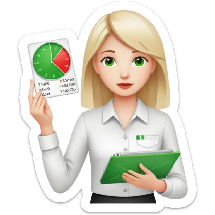Girl showing financial reports, positive green ascending chart in one hand and negative red descending chart in other hand sticker