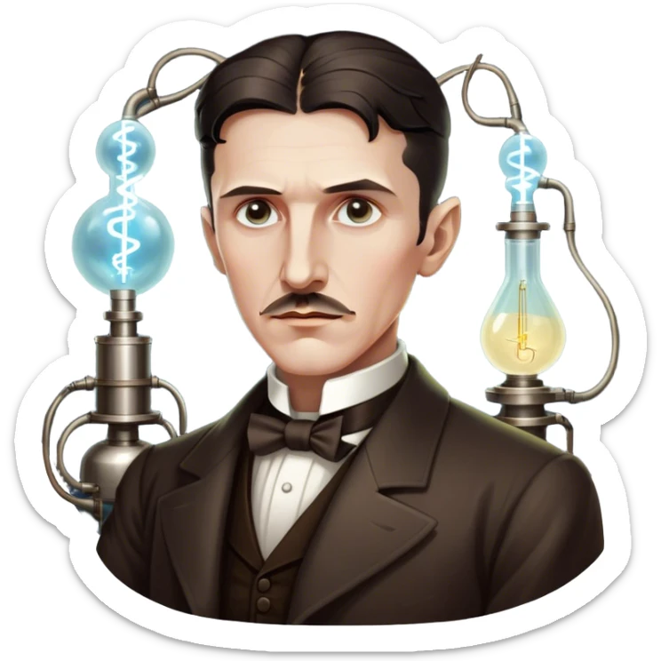 Nikola Tesla – Cinematic Realistic Portrait of Nikola Tesla, depicted as a visionary inventor with intense, thoughtful eyes and period attire, surrounded by subtle arcs of electric light and early laboratory apparatus, rendered with dramatic lighting that evokes mystery and innovation. sticker