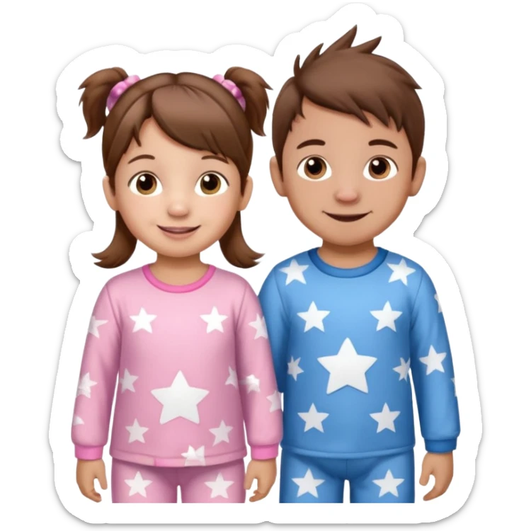 A toddler girl with brown hair with two pig tails, wearing pink pajamas with white stars on them. With a 4 year old boy with spikey brown hair, wearing blue pajamas with white stars on them. Both light skin and smiling. sticker