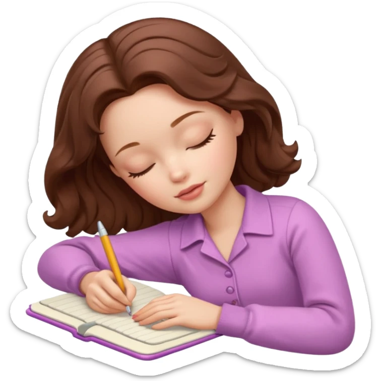 White Barbie girl dark Chestnut bob wavy hair sleeping with In pale creamy color clothes, he writes in a notebook sticker