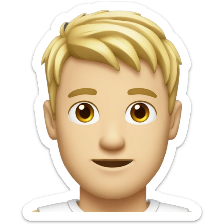 white man with clear skin with fringe up blonde hair style brown eyes and white t shirt with laptop sticker