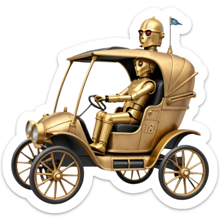 Old American West tarnished C-3PO policeman in 1864 delicately ornate rosegold accents painted buggy powered by electric motors and batteries with safety features and belts flying rapidly across rough terrain  sticker