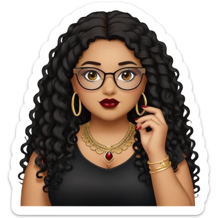 teen big plus size, latina, darker tan skin, gold jewelry, long black curly hair, baddie,pretty, makeup, dark red lipgloss, black eyeliner, long hair, black top, black glasses sticker