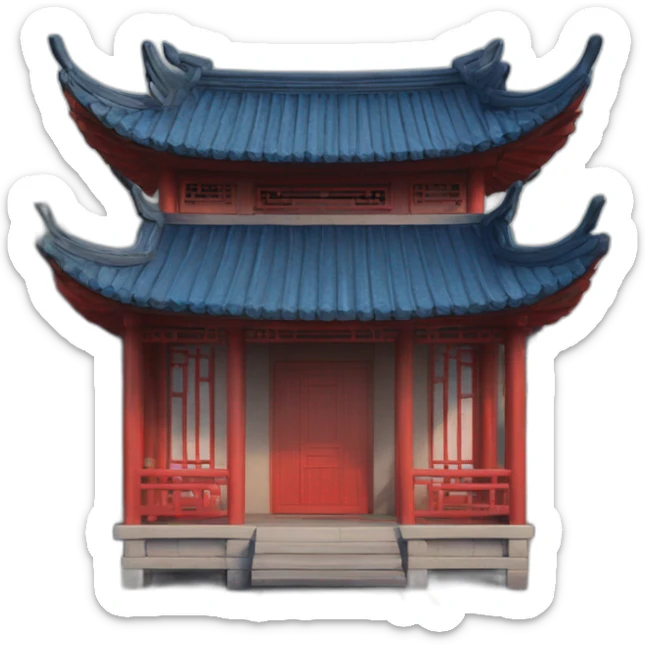 the front facade of a small Chinese-style house with a blue roof and red wooden structures sticker