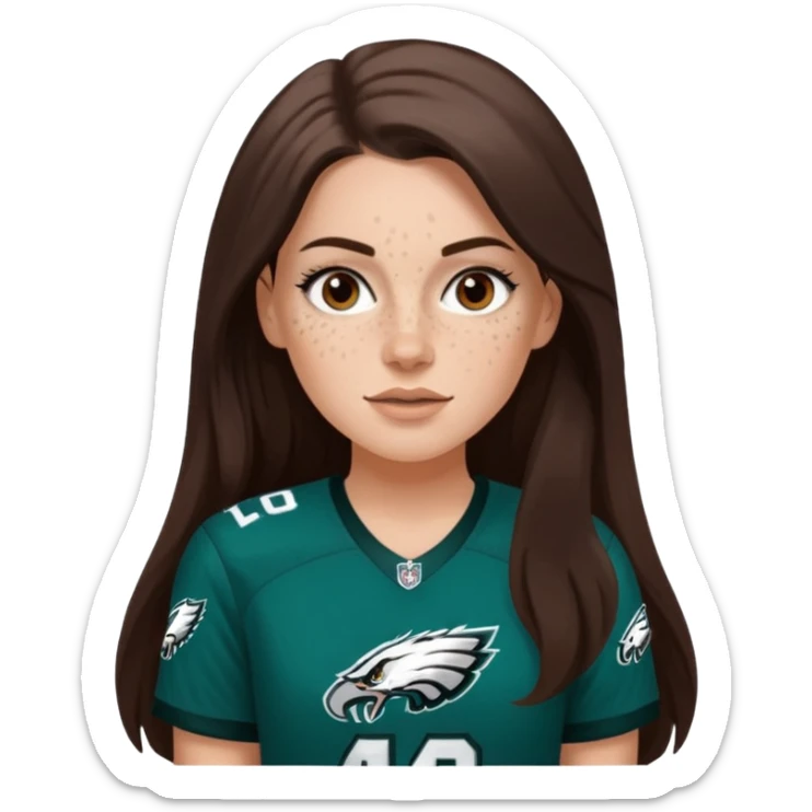 White girl with long dark brown hair and freckles wearring a Philadelphia eagles jersey sticker