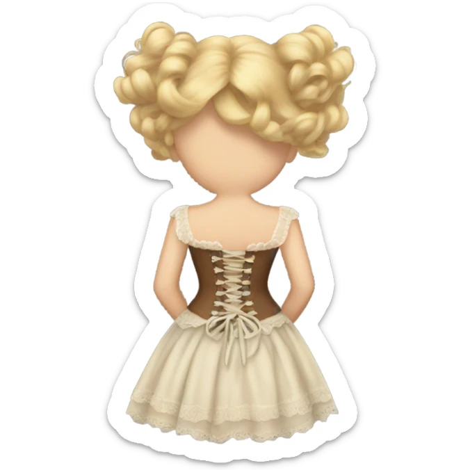 a blonde girl with brown hair standing with her back tied an old corset on a fluffy dress sticker