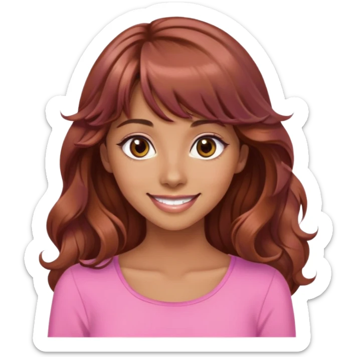beautiful woman, tan skin, big brown eyes, long wavy auburn hair, bangs, model, pink top, smiling sticker