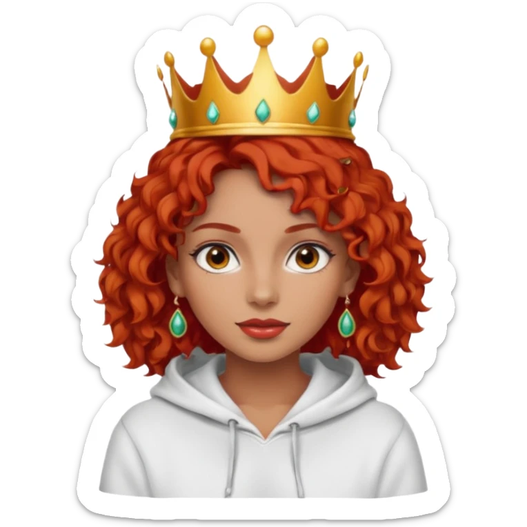 
Slim girl with a fine face, dark and tanned skin, medium-length curly tomato-red hair, dark eyes, medium-thick eyelashes, and a crown and earrings, wearing a white hooded sweatshirt. sticker