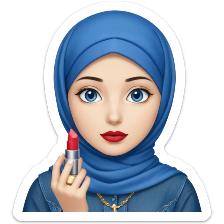 Turkish beautiful finish Konya girl blue eyes with blue denim hijab islamic dress and had on her hand ysl lipstick  sticker