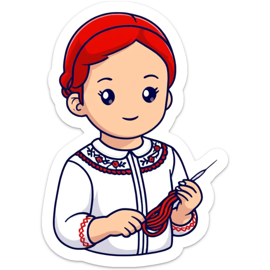 A young Ukrainian girl in a white embroidered shirt holds a red thread and a needle in her hand sticker