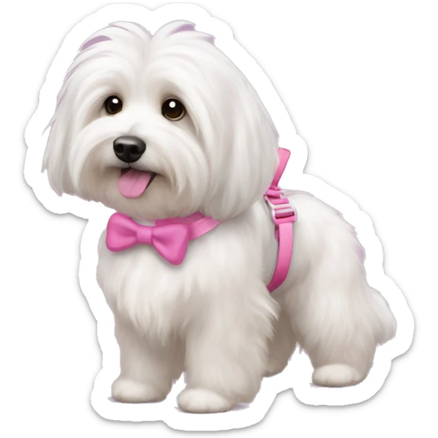 Long haired Coton de Tulear dog with pink harness and pink hair bow, pink dog bed, her name is Zoey sticker