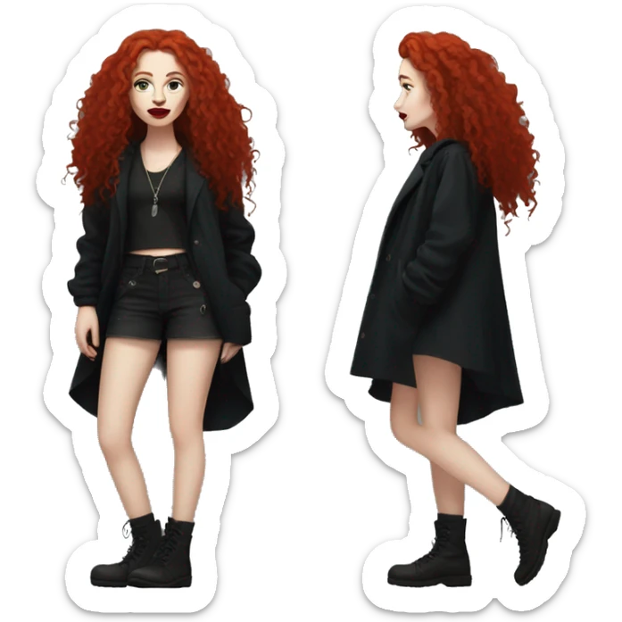 pale, punk woman, long curly red hair, full body, baggy dark clothes, red lipstick sticker