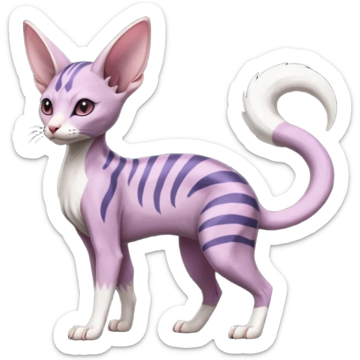 Furry, Purple, white, black, Minccino-Sphynx-Lykoi-Linoone-Zangoose-fusion-hybrid-animal-Fakémon-creature, full body, thin long sleek scaly tail, intricate markings sticker