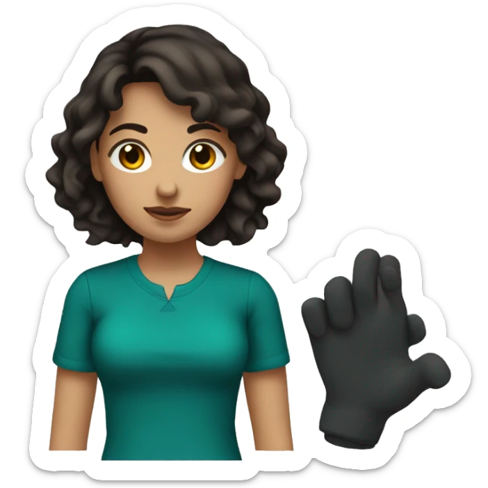 female with dark brown hair and short haor wearing a shirt that is colored dark teal with Control Alt Delete on it sticker