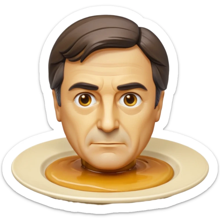 apple style emoji of a bust of François Fillon, entire head and face fully made of smooth creamy yellowish flan texture and color, no realistic skin, all features sculpted from flan, shiny caramel dripping as hair, placed on a round white plate sticker