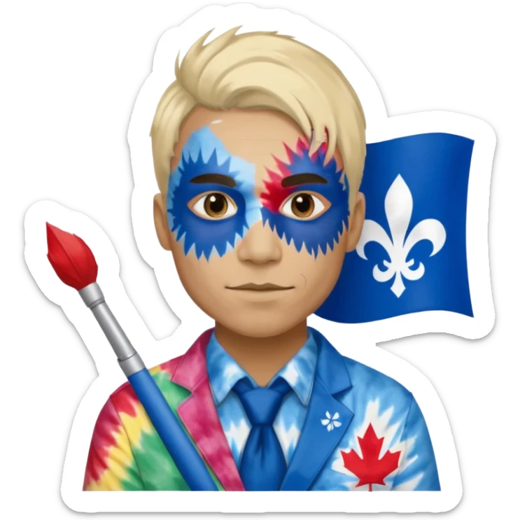 Québécois rockstar w tie die shirt and face paint man w Quebec flag sticker