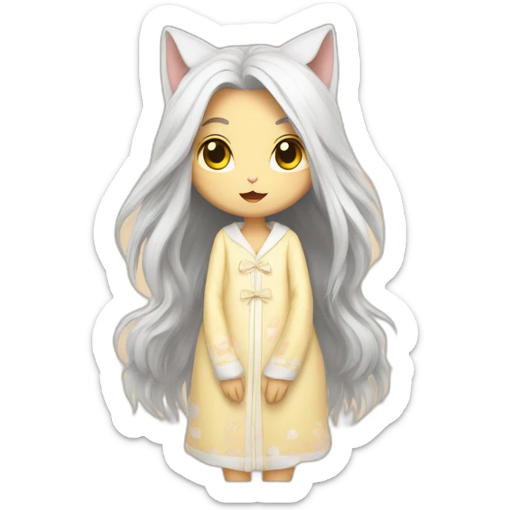 Cat-girl with long white hair yellow eyes in Choral pajamas consider sticker