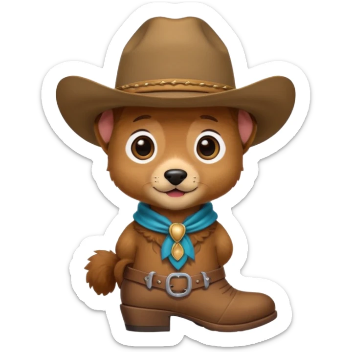 a very cute and adorable anthropomorphic puppy with a cowboy hat and brown boots  sticker