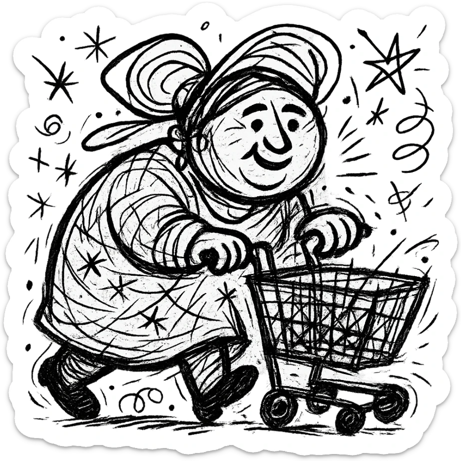 hand-drawn Uzbek woman with a shopping cart, chaotic energy sticker
