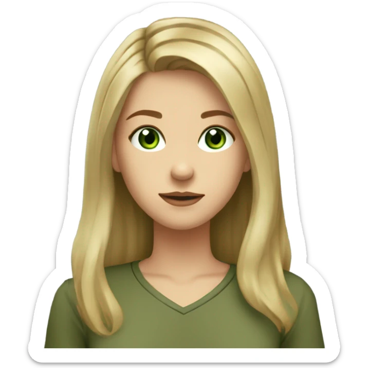 pretty teenage girl with long dirty blonde hair parted in the middle, green eyes, and wearing an olive green shirt sticker