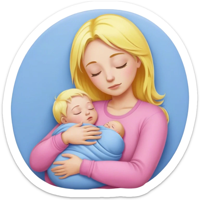 Mother is holding a baby, the mother has yellow hair and pink clothes, the baby is sleeping in blue clothes sticker