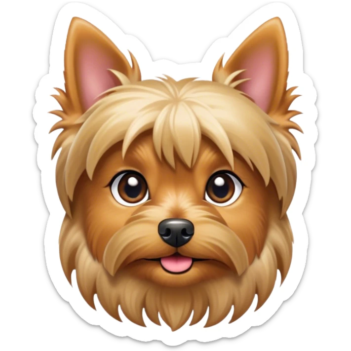 Cinematic Cute Yorkshire Terrier Portrait Emoji, Head perked with bright, twinkling eyes and a perky expression, showcasing a soft, silky fur in rich hues, simplified yet adorably detailed, glowing with a cheerful, inviting glow, high shine, exuding playful intelligence and spunky charm, styled with a gentle, whimsical outline, capturing the essence of a cute Yorkshire Terrier that appears ready to frolic off the screen with irresistible energy! sticker