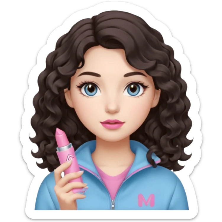 A girl with soft loose wavy curls (not tight), dark brown hair with natural volume, round-almond Douyin-style eyes with long curled lashes, cool-tone neutral makeup. She’s wearing a light-blue athletic outfit and holding a normal-size pink lipstick in one hand.. sticker