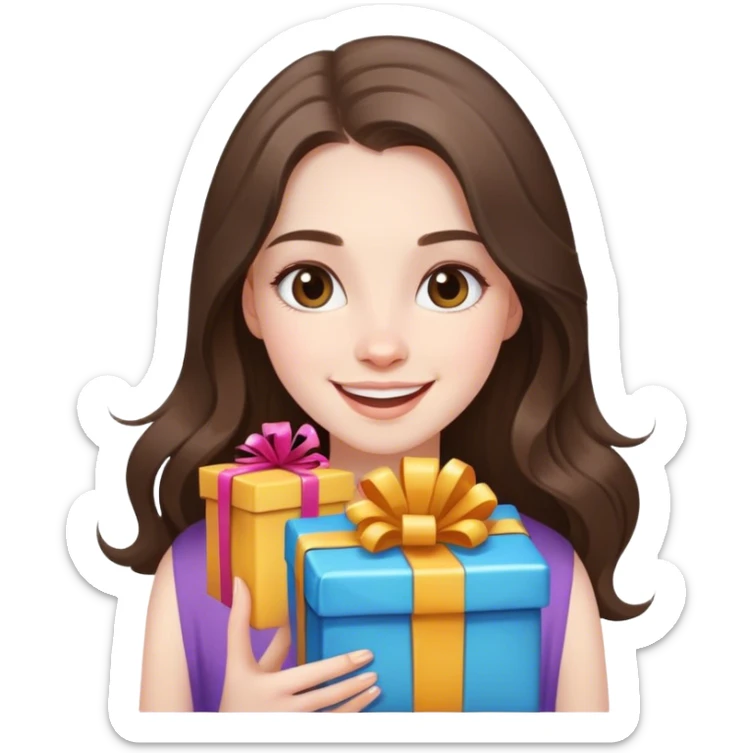 happy beautiful pale brunette girl with long hair with birthday presents sticker